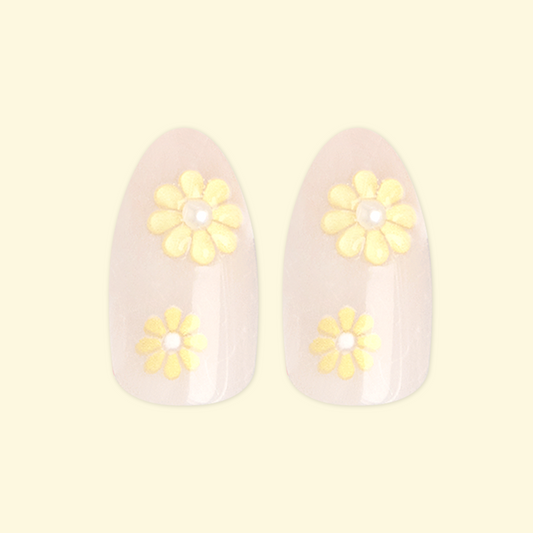 Flower Party with 3D Pearls - Press On | Medium | Almond